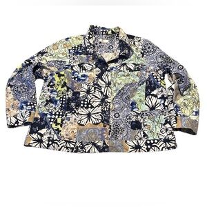 CJ Banks Blue and Cream Printed Button-Up Top